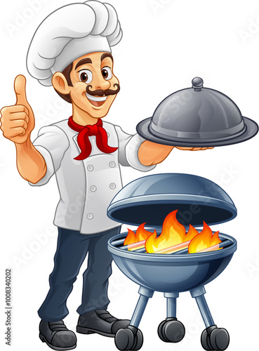 A chef cartoon barbecue cook out brazier BBQ man giving thumbs up and holding a platter plate with cloche mascot character illustration