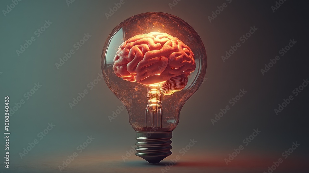 A glowing brain inside a light bulb symbolizes innovative thinking. A glowing brain inside a light bulb symbolizes innovative thinking.