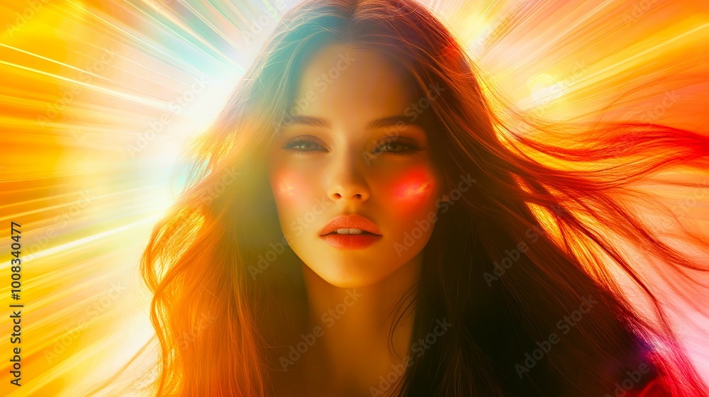 Beautiful Woman with Flowing Hair in Golden Light Portrait Sunshine Summer Light Glam Beautiful Woman with Flowing Hair in Golden Light Portrait Sunshine Summer Light Glam