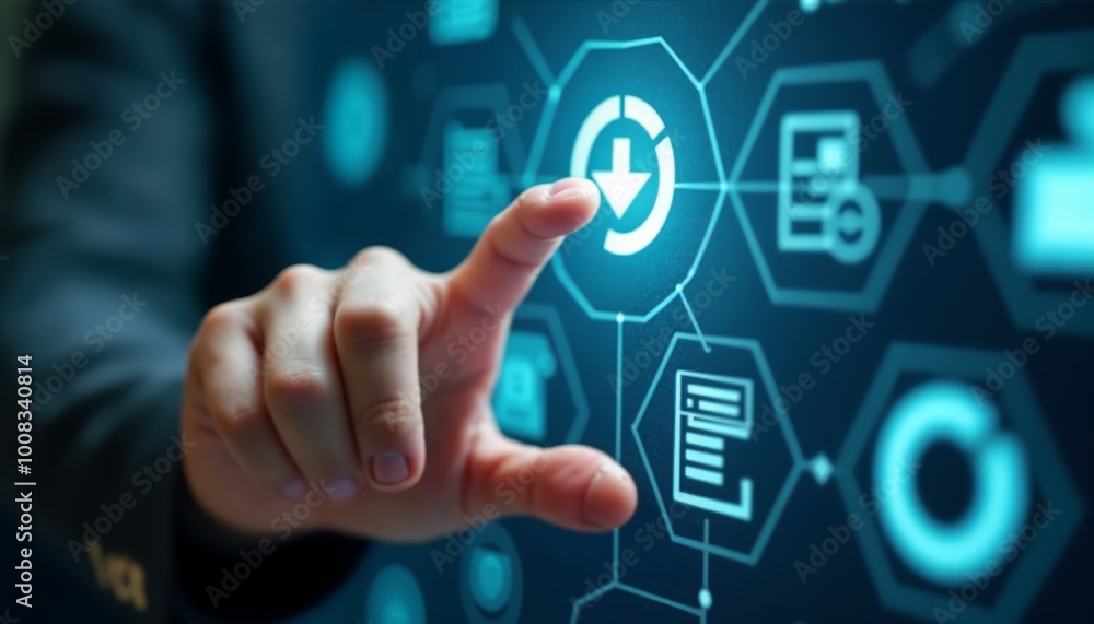 Person's Finger Pointing at Digital Interface with Icons and Symbols for Technology Concept Person's Finger Pointing at Digital Interface with Icons and Symbols for Technology Concept