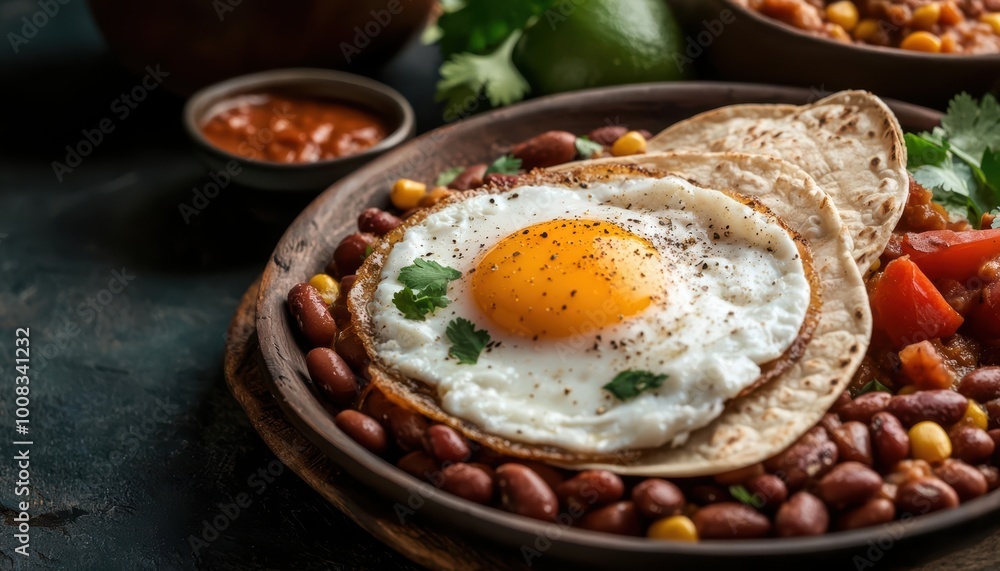 Delicious breakfast plate featuring egg, beans, and fresh vegetables, styled for an appealing look. Delicious breakfast plate featuring egg, beans, and fresh vegetables, styled for an appealing look.