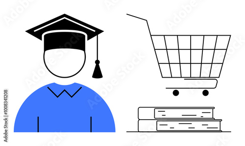 Simple graphic with a student in graduation cap and two books under a shopping cart. Ideal for online learning, education, e-commerce, graduation, and lifelong learning. Simple, minimalist style