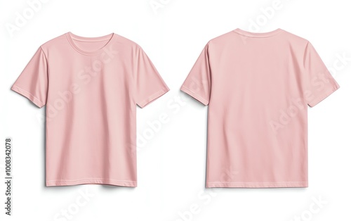 Front and back view mockup of a plain pastel pink tshirt on a white background, displayed side by side, smooth texture, realistic shadow effects, minimalistic design, sharp edges