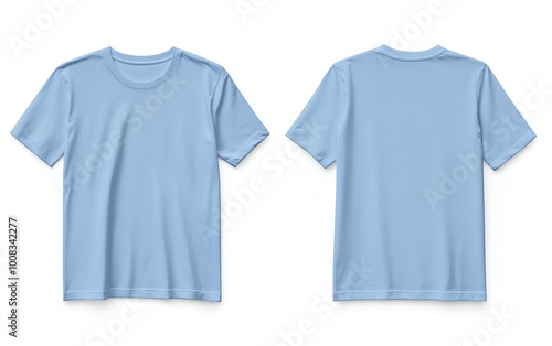 Front and back view mockup of a plain pastel pink tshirt on a white background, displayed side by side, smooth texture, realistic shadow effects, minimalistic design, sharp edges