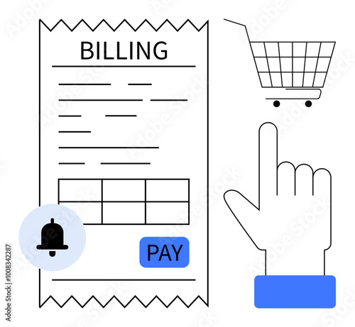 Vector of a billing receipt, notification bell, and finger tapping pay button next to a shopping cart. Ideal for e-commerce, online payments, shopping, notifications, and user interface design