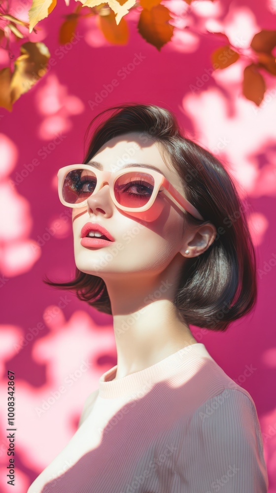A captivating portrait of a stylish woman with a bob haircut, wearing trendy sunglasses, set against a vibrant pink backdrop, bathed in dappled sunlight. A captivating portrait of a stylish woman with a bob haircut, wearing trendy sunglasses, set against a vibrant pink backdrop, bathed in dappled sunlight.