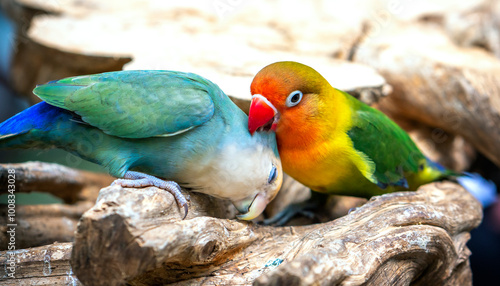 Two lovebird (Agapornis roseicollis) also known as rosy collared or peach faced lovebird. Two colorful parrots male and female are together photo