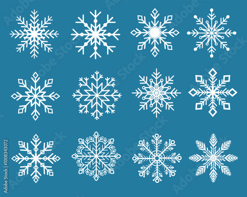 Various shapes and ornaments Snowflakes icon set template. Background for home decor, Christmas market, banner, cover, greeting card, web banner, business card. Vector.