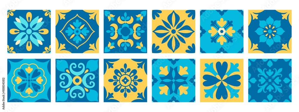 Mediterranean mosaic tiles. Mediterranean pattern and background. Italian, Portuguese, Spanish traditional style. Blue and yellow abstract geometric mosaic. Vector illustration.