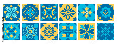 Mediterranean mosaic tiles. Mediterranean pattern and background. Italian, Portuguese, Spanish traditional style. Blue and yellow abstract geometric mosaic. Vector illustration.