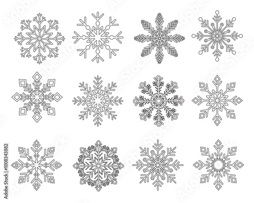 Various shapes and ornaments Black Snowflakes icon set template. Background for home decor, Christmas market, banner, cover, greeting card, web banner, business card. Vector.