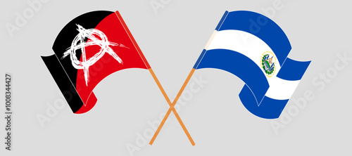 Crossed and waving flags of Anarchy and Republic of El Salvador. Vector illustration