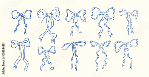 Set of hand drawn various ribbons and bows. Minimalist drawing sketch. Vintage vector illustration ink doodle style. Perfect for poster, greeting cards, wedding invitations, branding, logo, tattoo.