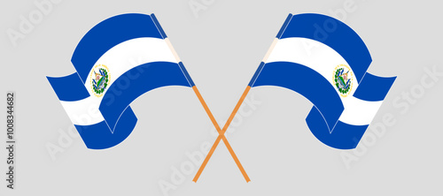Crossed and waving flags of Republic of El Salvador. Vector illustration