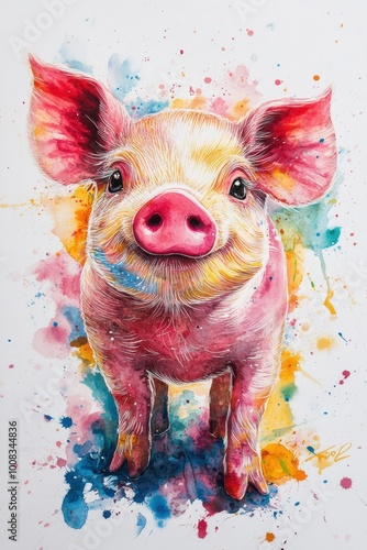 cute pig watercolor t-shirt design on white background