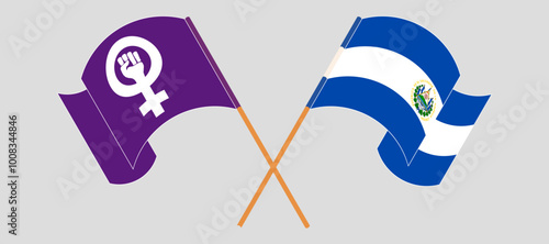 Crossed and waving flags of Feminism and Republic of El Salvador. Vector illustration