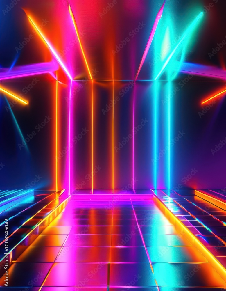 Fototapeta premium Dazzling retro disco background with vibrant neon colors and abstract patterns, perfect for digital product placement in 80s-styled designs.