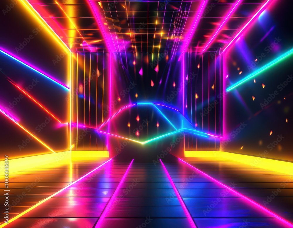 Dazzling retro disco background with vibrant neon colors and abstract patterns, perfect for digital product placement in 80s-styled designs. Dazzling retro disco background with vibrant neon colors and abstract patterns, perfect for digital product placement in 80s-styled designs.