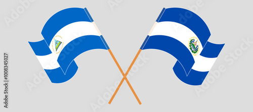 Crossed and waving flags of Nicaragua and Republic of El Salvador. Vector illustration