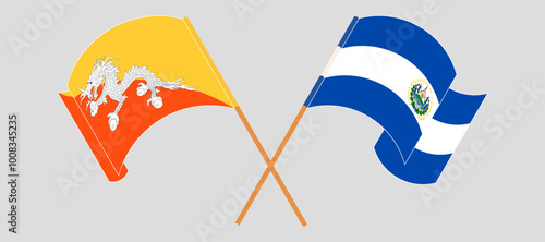 Crossed and waving flags of Bhutan and Republic of El Salvador. Vector illustration