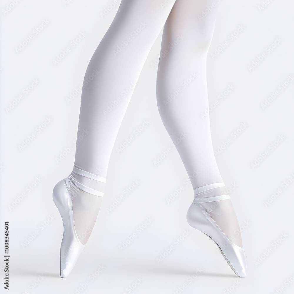 Macro Shot of a Ballet Dancer in White Tights and Pointe Shoes Standing on Grey Background Macro Shot of a Ballet Dancer in White Tights and Pointe Shoes Standing on Grey Background