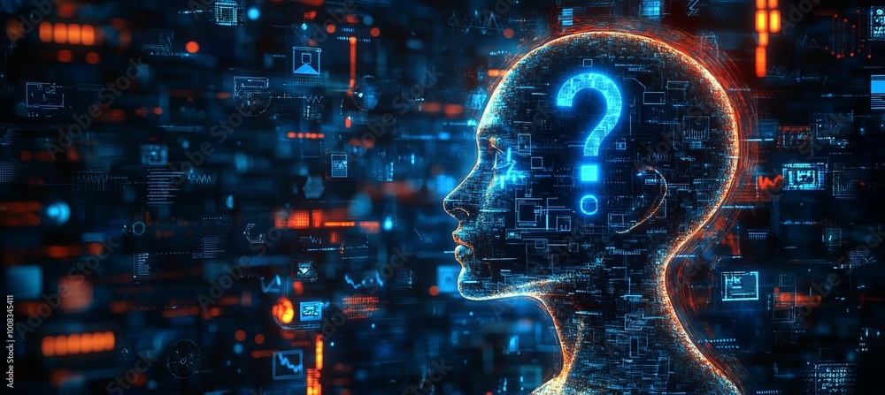 Digital question mark on human head at virtual space technology. Generative AI technology.
Digital question mark on human head at virtual space technology. Generative AI technology.