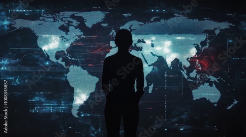 Silhouette of a person standing in front of a digital world map with glowing blue pixels.