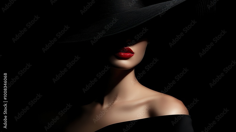 Portrait of a Beautiful Woman in a Black Dress Wearing a Big Hat in Shadows on a black background. Elegant woman with red lips. Stylish Model with hidden Face and space for text. Portrait of a Beautiful Woman in a Black Dress Wearing a Big Hat in Shadows on a black background. Elegant woman with red lips. Stylish Model with hidden Face and space for text.