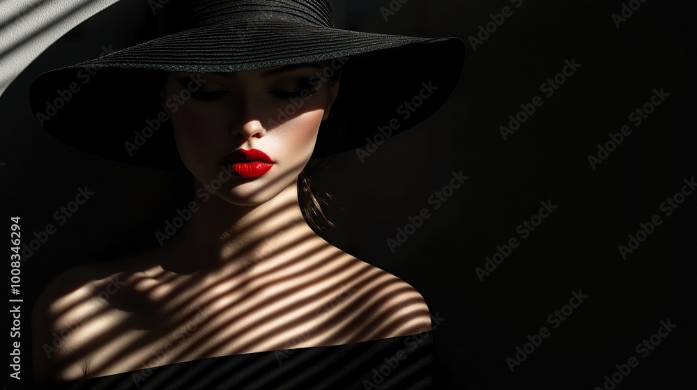 Portrait of a Beautiful Woman in a Black Dress Wearing a Big Hat in Shadows on a black background. Elegant woman with red lips. Stylish Model with hidden Face and space for text. Portrait of a Beautiful Woman in a Black Dress Wearing a Big Hat in Shadows on a black background. Elegant woman with red lips. Stylish Model with hidden Face and space for text.