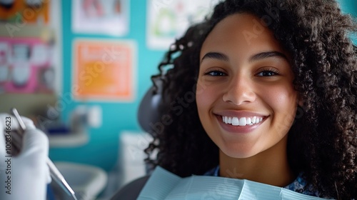 Smiling patient in a dental office. photo