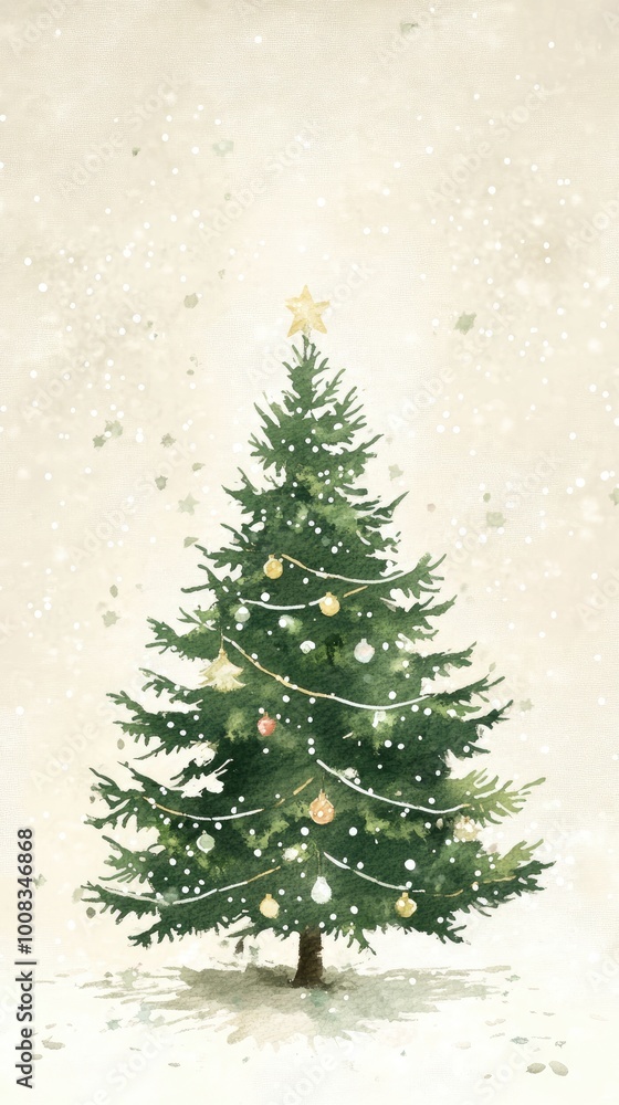 A serene winter scene featuring a beautifully decorated evergreen tree glistening with ornaments beneath gently falling snowflakes during the festive season A serene winter scene featuring a beautifully decorated evergreen tree glistening with ornaments beneath gently falling snowflakes during the festive season