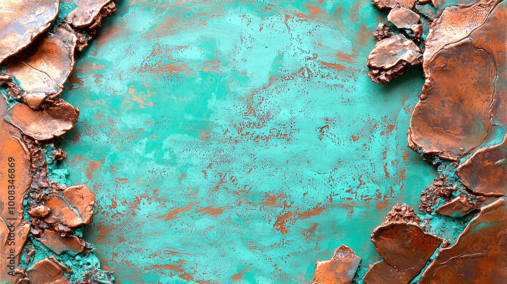 Abstract contemporary art featuring vibrant turquoise background framed by textured copper elements, creating striking visual contrast. piece evokes sense of depth and modernity Abstract contemporary art featuring vibrant turquoise background framed by textured copper elements, creating striking visual contrast. piece evokes sense of depth and modernity