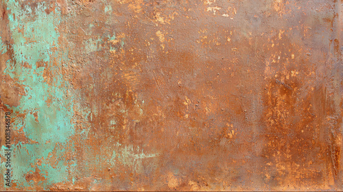 Abstract contemporary art featuring textured surface with copper and turquoise hues, creating striking visual contrast. artwork evokes sense of depth and warmth