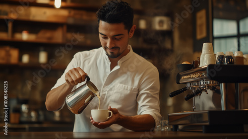 A male barista in a white shirt standing behind a coffee bar, with one hand holding a pitcher, pouring steamed milk into a coffee cup