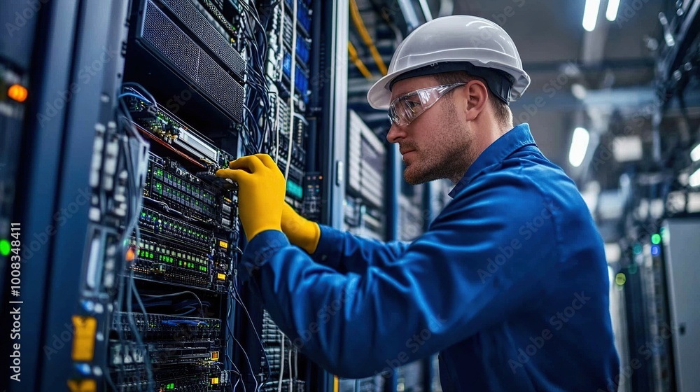 Technician working on server equipment in a data center. Technician working on server equipment in a data center.