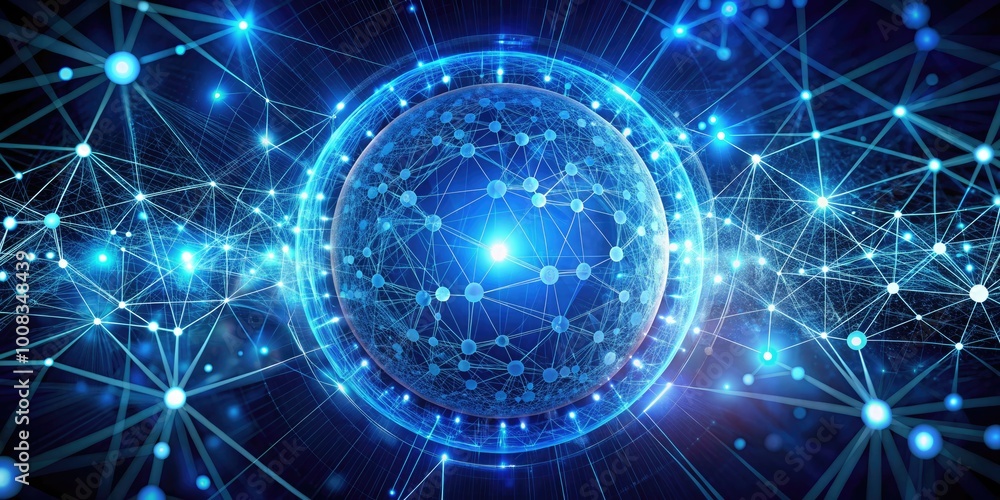 Obraz premium Abstract blue circle design with interconnected nodes representing technology and network connections