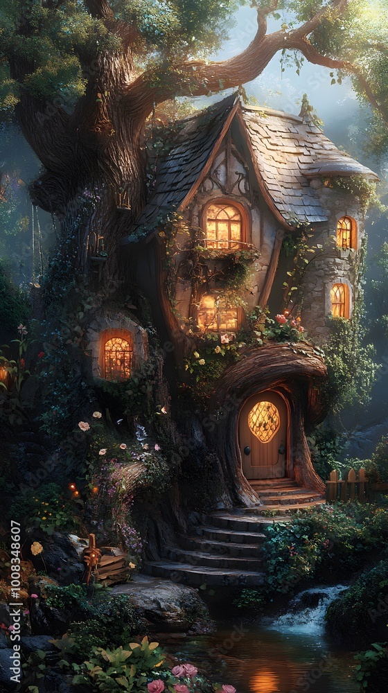 Enchanted treehouse nestled in a mystical forest setting. Enchanted treehouse nestled in a mystical forest setting.