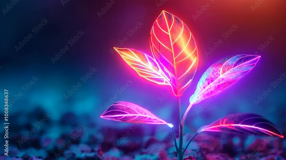 Neon glowing plant sprouting in futuristic vibrant landscape with colorful lights, 4k footage Neon glowing plant sprouting in futuristic vibrant landscape with colorful lights, 4k footage