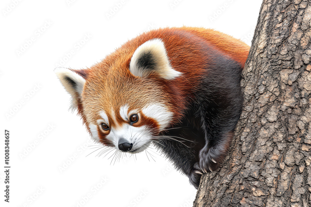 Obraz premium A red panda climbing a tree, portraying curiosity and playfulness.