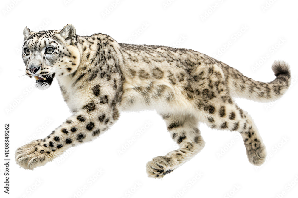 Fototapeta premium Snow leopard in mid-leap with striking spotted fur on a white background.