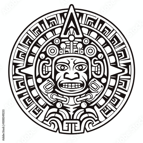 Aztec sun stone. Tattoo t-shirt design. Mayan calendar. Ancient hieroglyph signs and symbols. Mexican totem vector illustration