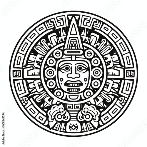 Aztec sun stone. Tattoo t-shirt design. Mayan calendar. Ancient hieroglyph signs and symbols. Mexican totem vector illustration