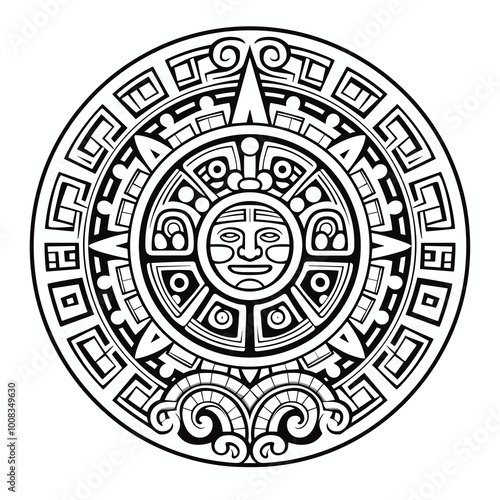 Aztec sun stone. Tattoo t-shirt design. Mayan calendar. Ancient hieroglyph signs and symbols. Mexican totem vector illustration