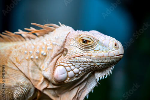 Common iguana reptile is resting on a tree in its habitat. The male iguana has a pronounced throat sac and crest. Large lizard