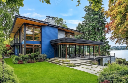 A stunning, three-level lakefront home with expansive windows and large balconies overlooking the water's edge