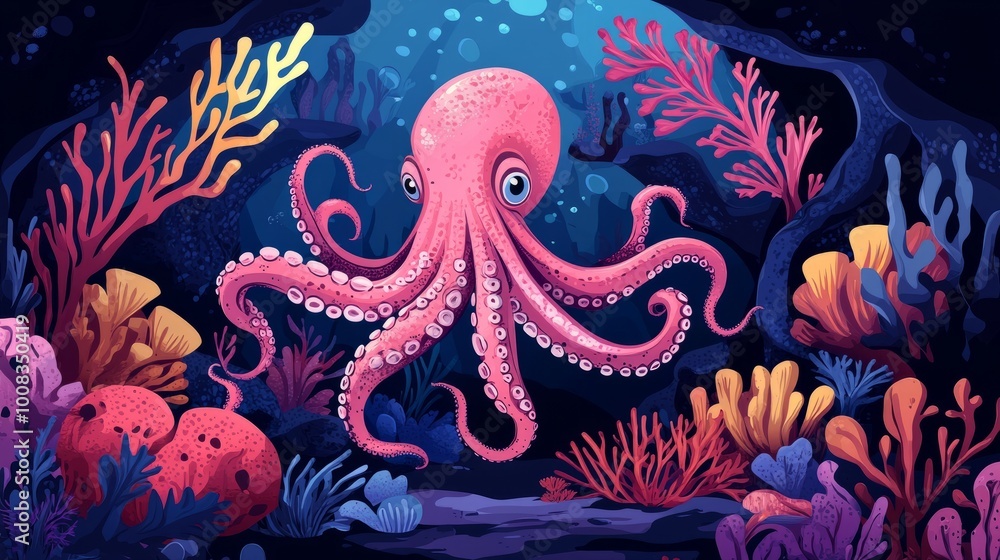 A pink octopus with large eyes swims through a coral reef. A pink octopus with large eyes swims through a coral reef.