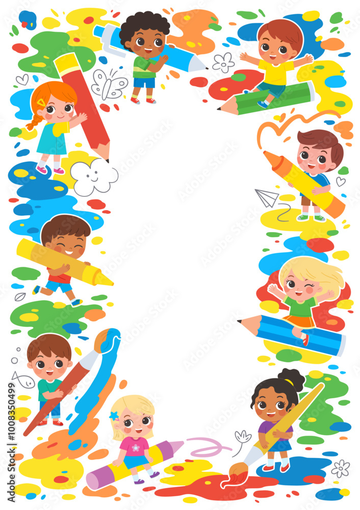 Group of children draw big art together with large art supplies. Colorful cartoon characters. Template for advertising brochure. Ready for your message. Group of children draw big art together with large art supplies. Colorful cartoon characters. Template for advertising brochure. Ready for your message.