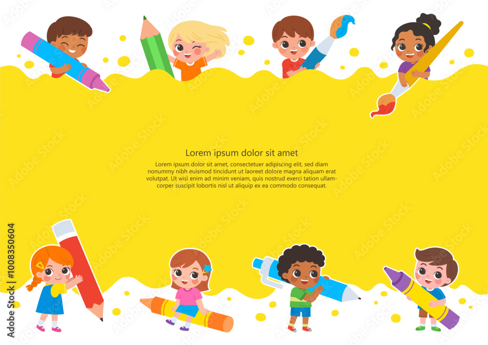 Back to School. Happy school kids draw big art together with large art supplies. Template for advertising brochure. Children look up with interest. Ready for your message. Back to School. Happy school kids draw big art together with large art supplies. Template for advertising brochure. Children look up with interest. Ready for your message.