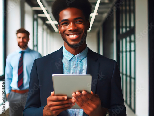 Smiling African American man in an office corridor holding a tablet, with copy space for business themes