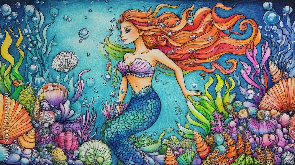 A colorful illustration of a mermaid swimming in the ocean surrounded by seaweed, shells, and bubbles. A colorful illustration of a mermaid swimming in the ocean surrounded by seaweed, shells, and bubbles.